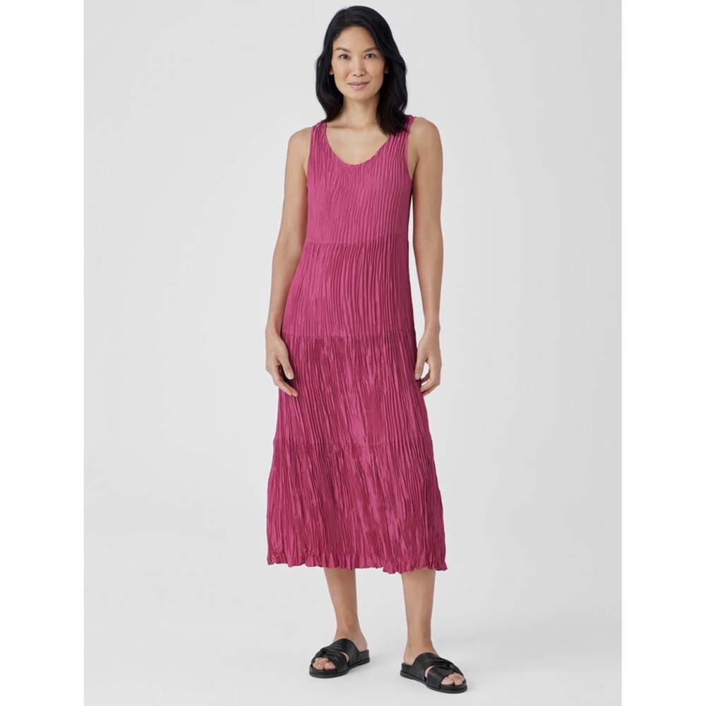 Eileen Fisher Women Small Petite Crinkle Silk Tiered Dress Tiered Dress Coquette